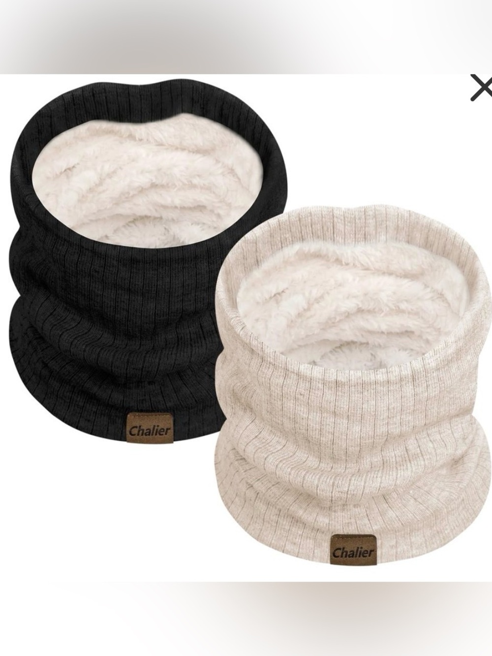 2Pcs Fleece Lined Black & Beige Unisex Knit Neck Warmer - Stretchy Tube Scarf